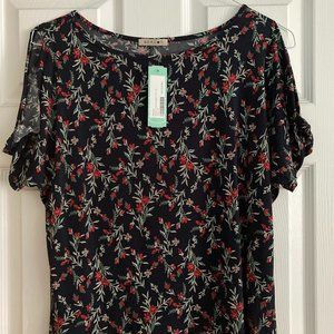 Beacon Ramsey Cold Shoulder Knit Top Navy with small floral pattern (small)